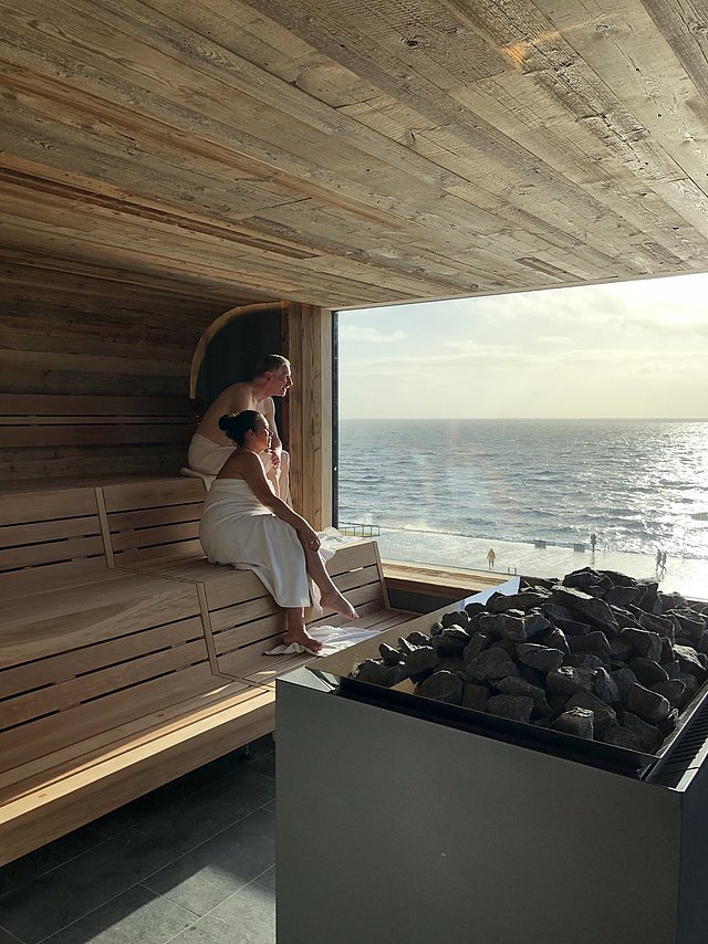 Blick aus der Sauna aufs Wattenmeer
