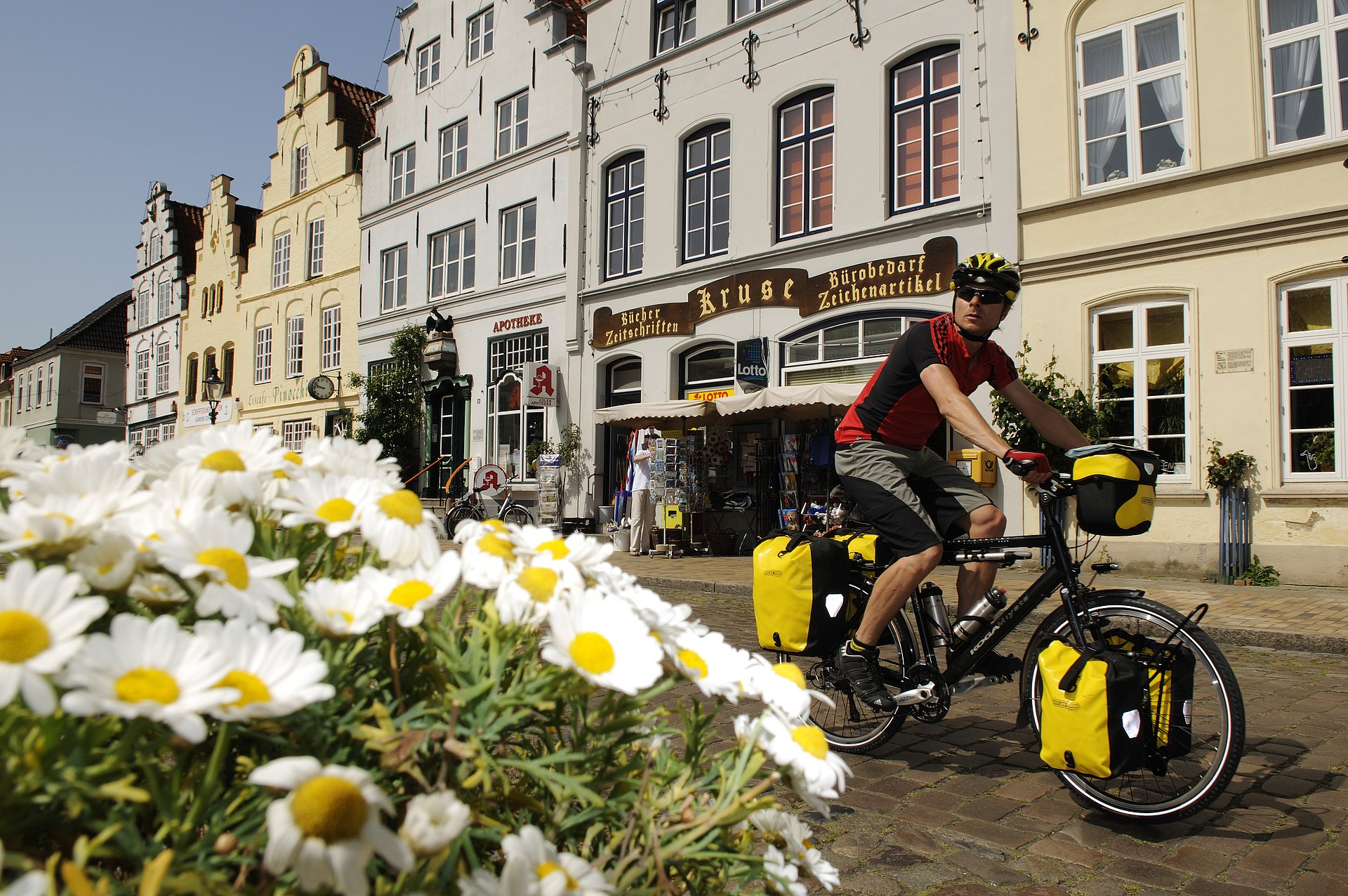 Fahrradfahrer vor Giebelhaus in Friedrichstadt mit Blumen im Vordergrund