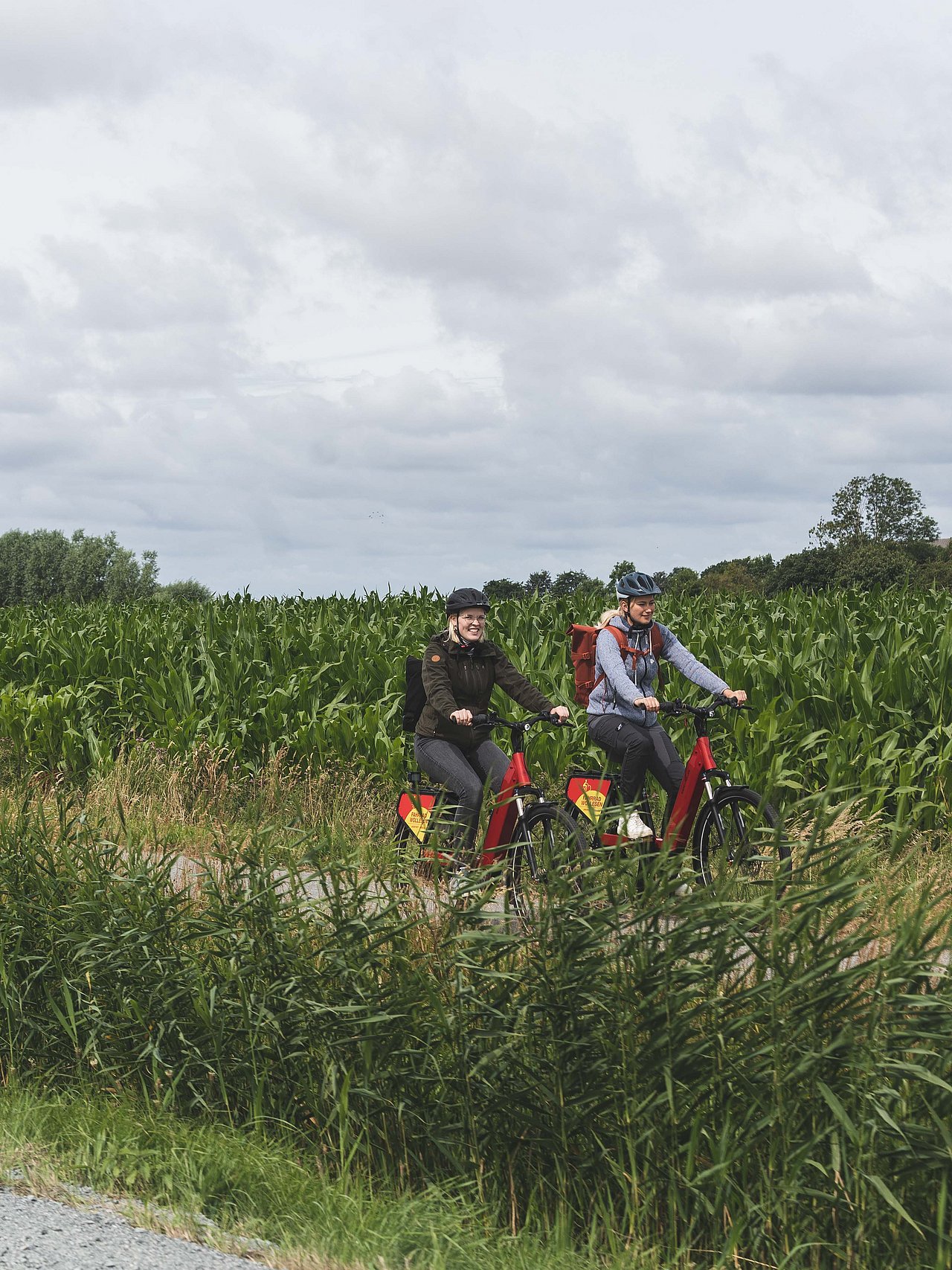 Zwei Radfahrerinnen fahren in Mitten eines Maisfeldes. Im Hintergrund ist eine Wolkenfront zu sehen und im Vordergrund ist das Maisfeld zu sehnen. 