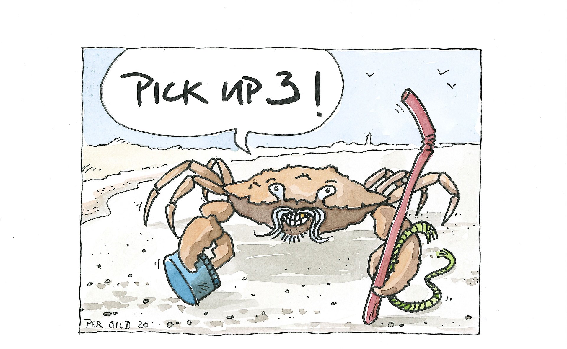 Cartoon einer Krabbe, die Müll am Strand sammelt