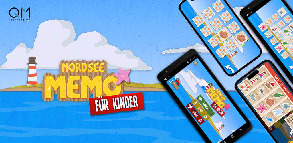 Eine im Cartoonstyle gezeichnete Küstenlandschaft mit dem Claim "Nordsee-MEMO für Kinder" und diverse Smartphones mit Spieleausschnitten