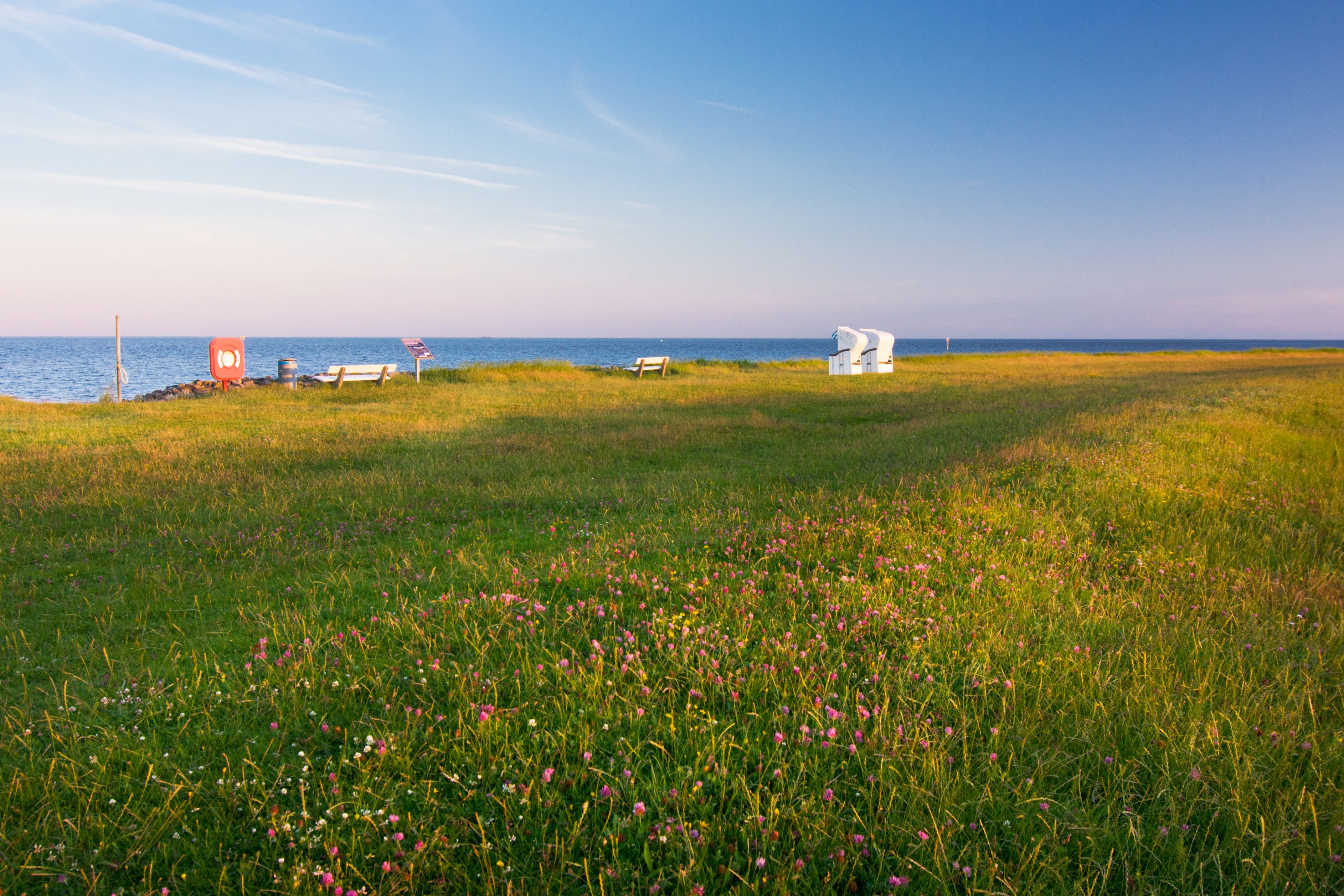 Blick auf die Küste von Hallig Hooge mit Strandkörben