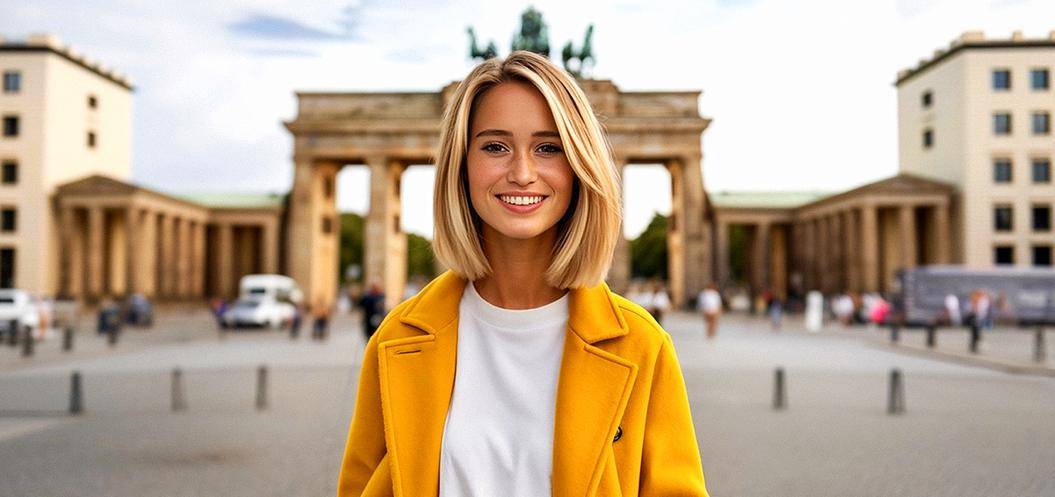 Eine KI-generierte junge Frau steht vor dem Brandenburger Tor