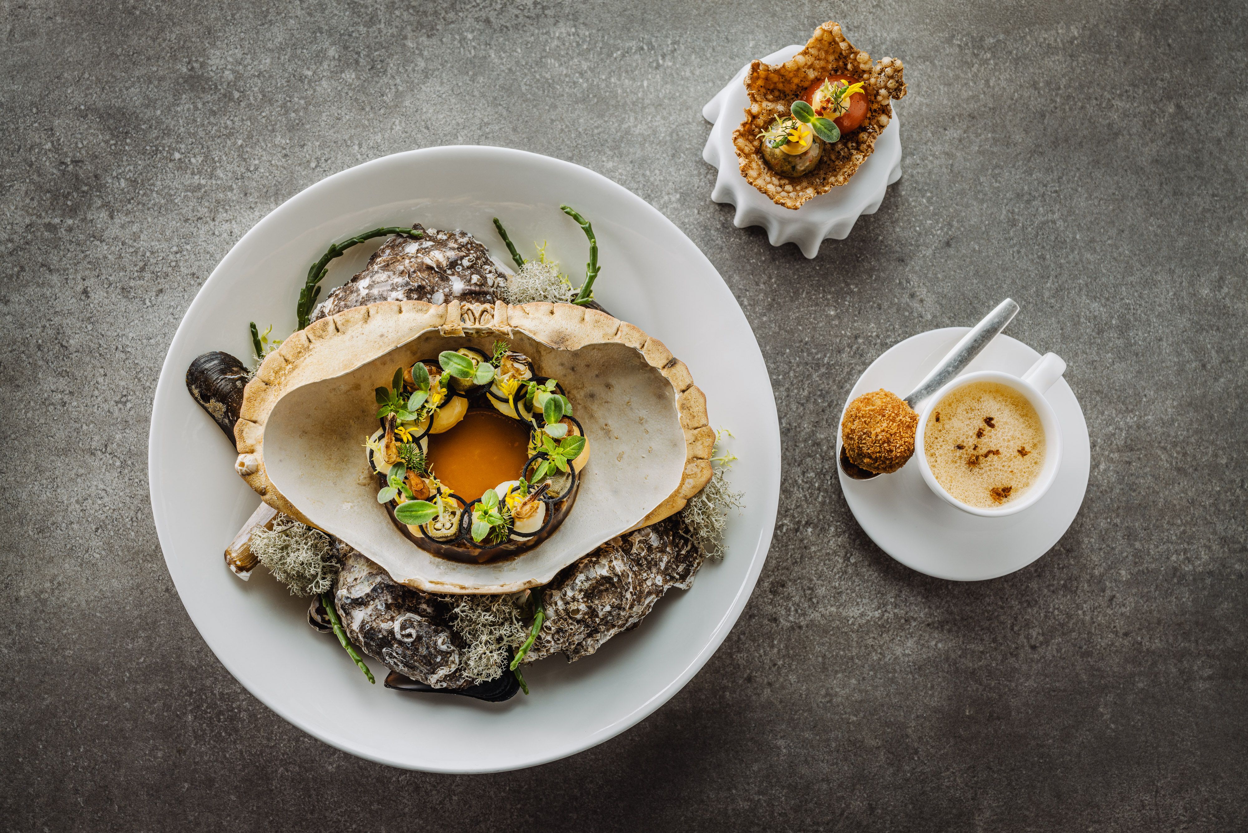 Ein aufwendig angerichtetes Gourmetgericht mit Meeresfrüchten, serviert in einer Krabbenschale auf Muscheln, begleitet von Vorspeisen. Foto: Ydo Sol