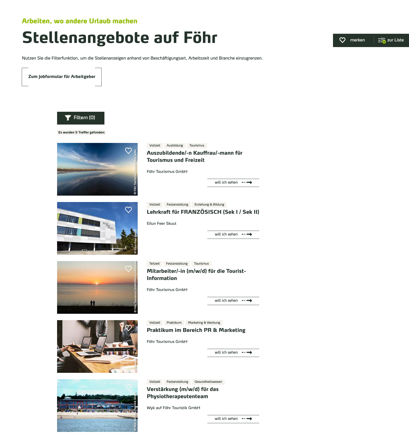 Übersichtsseite Stellenangebote Föhr