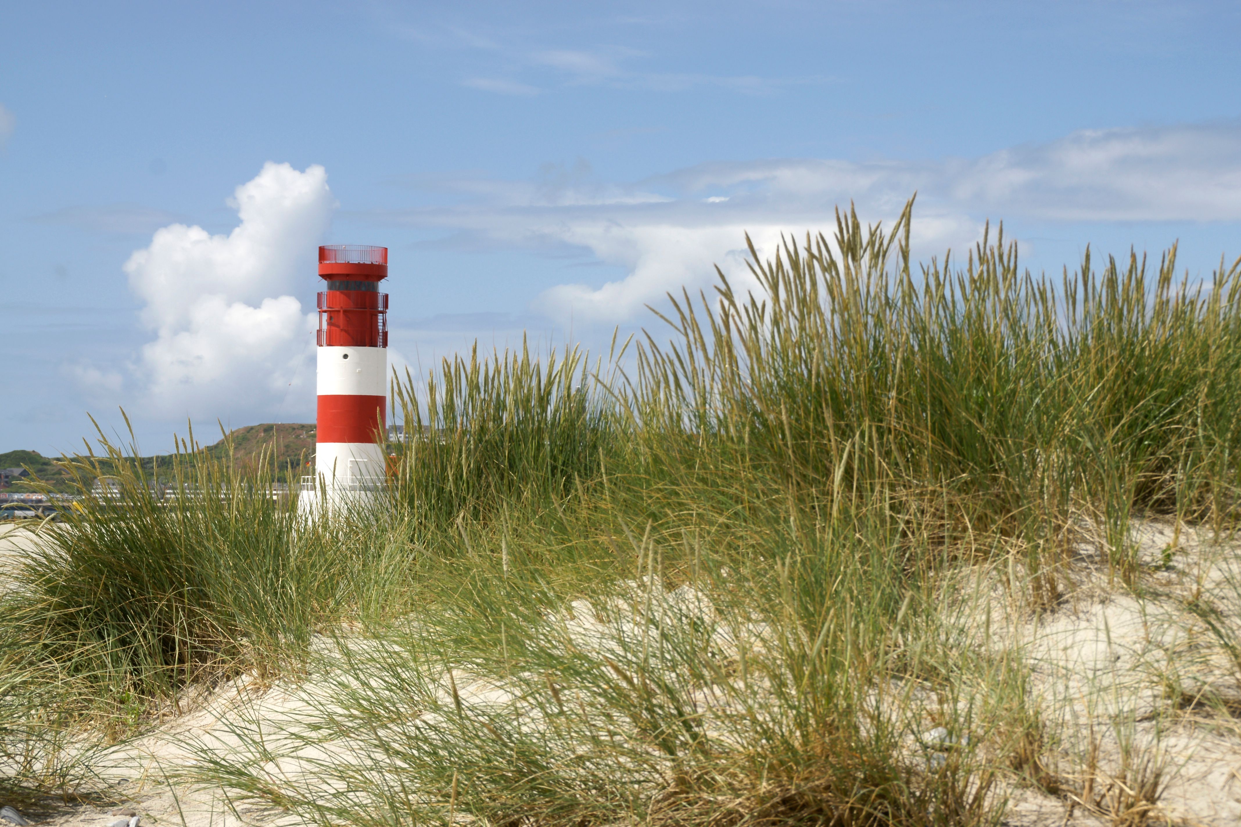 Blick durch Dünen hin zum Helgoländer Leuchtturm