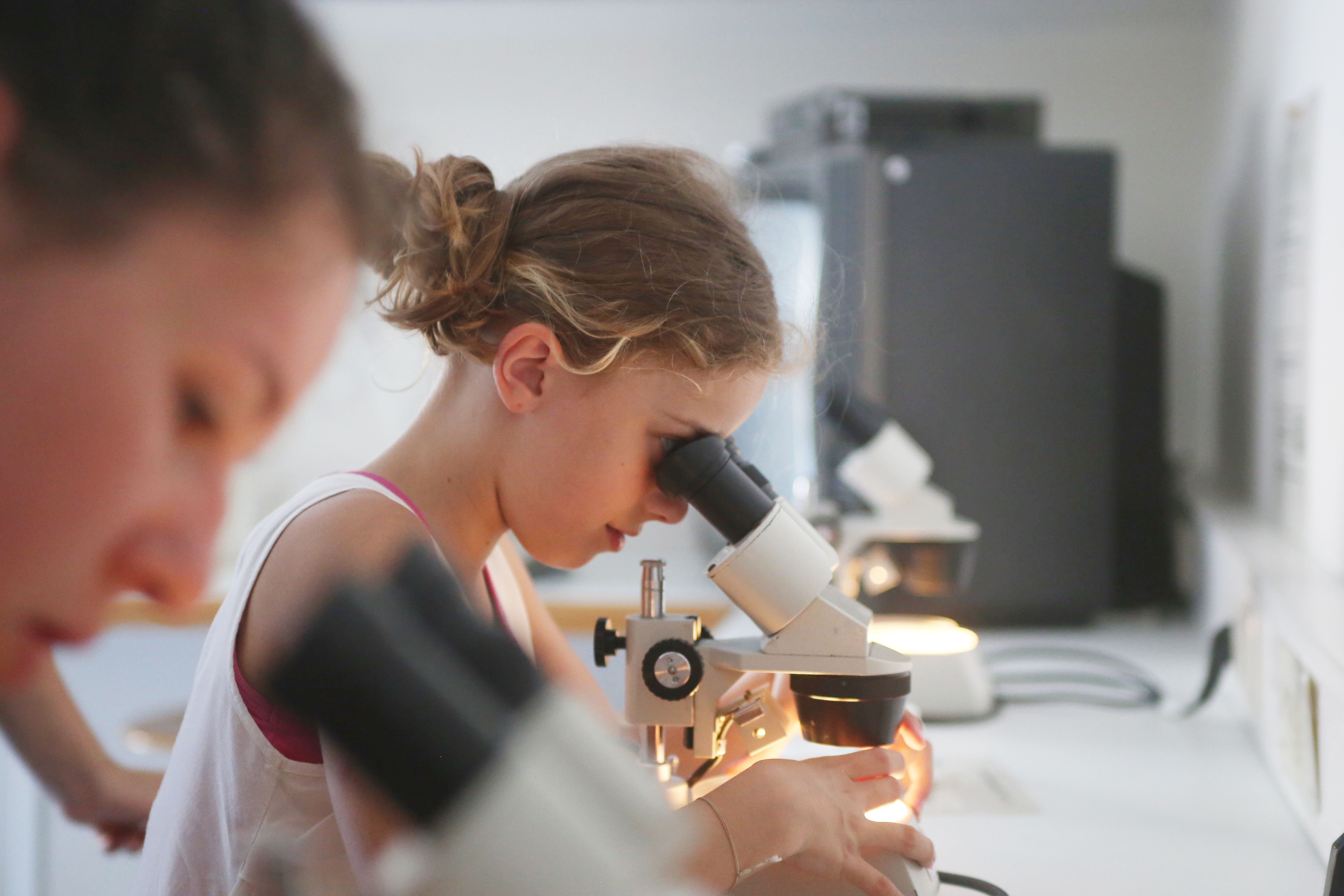 Jugendloiche schauen sich in der sogneannten Wattwerkstatt Proben unter dem Microskop an. - Foto: DJH-Landesverband Nordmark e.V.