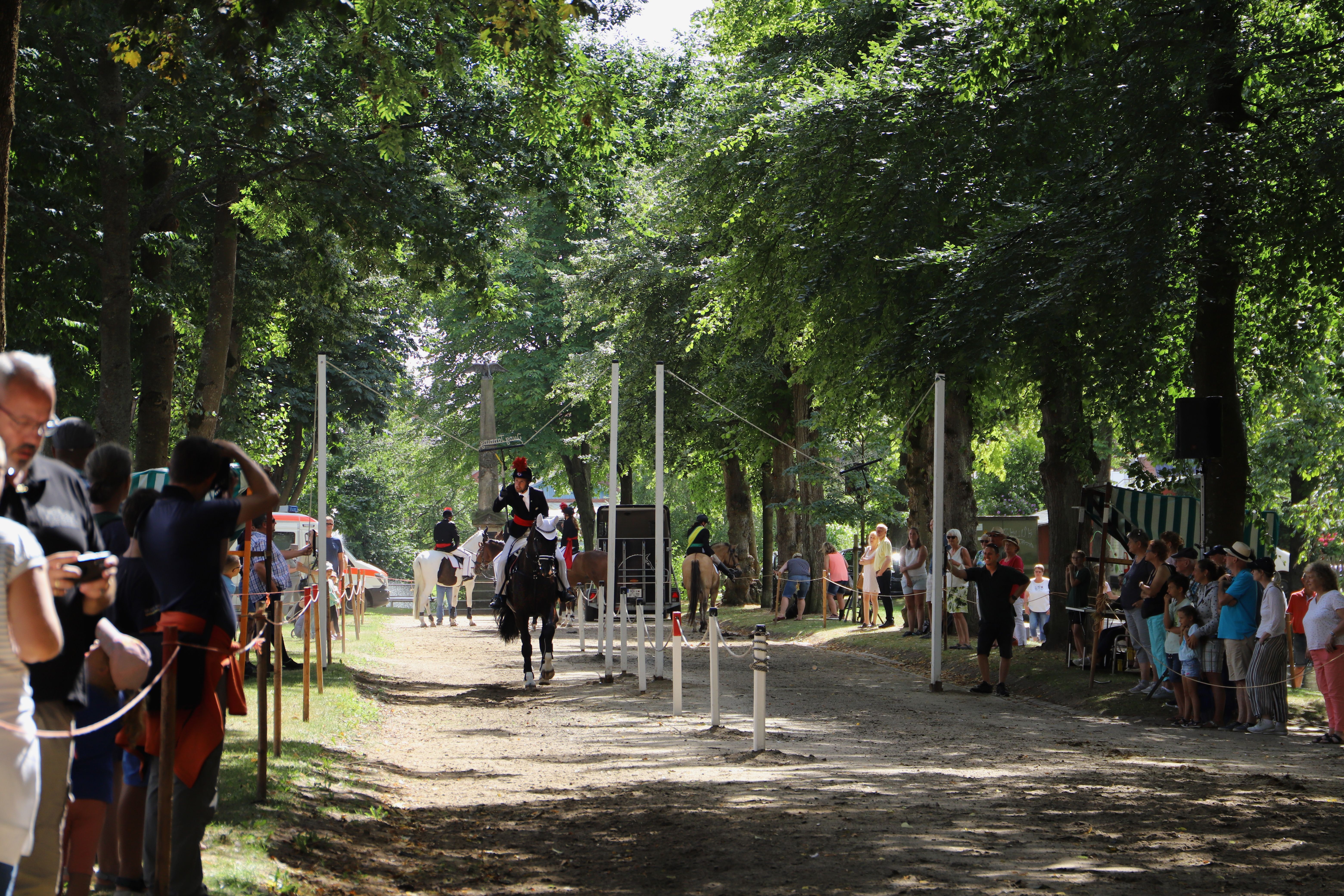 Ringreiter reiten durch den Tönninger Park, Zuschauer schauen begeistert zu