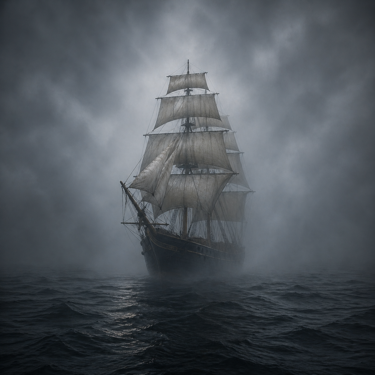 Aus dem Nebel erscheint ein unter vollen Segeln stehender Windjammer, in düster und mystischer Lichtstimmung, wie ein Geisterschiff.