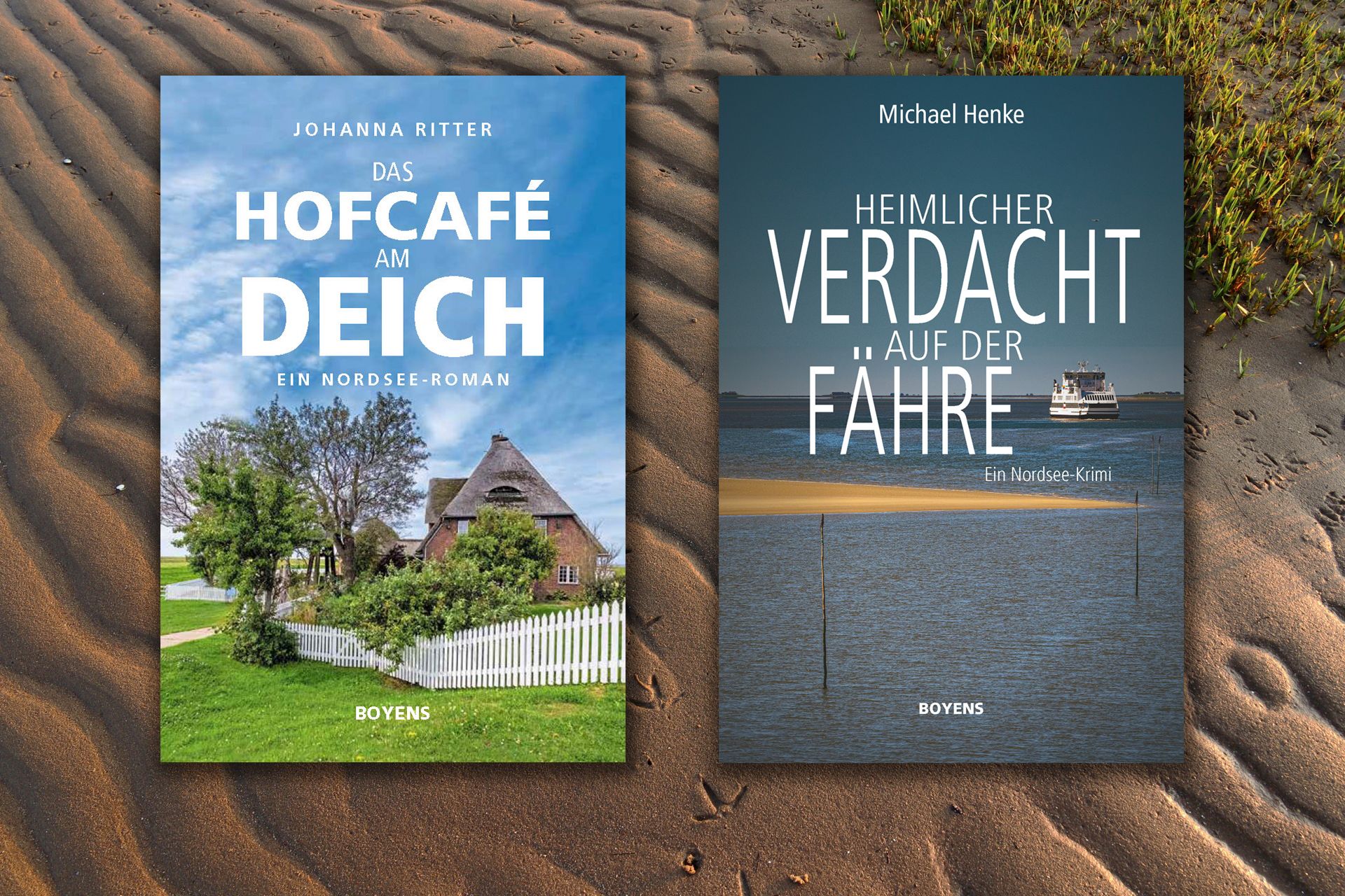 die Buchcover von "Hofcaé am Deich" und "Heimlicher Verdacht auf der Fähre"