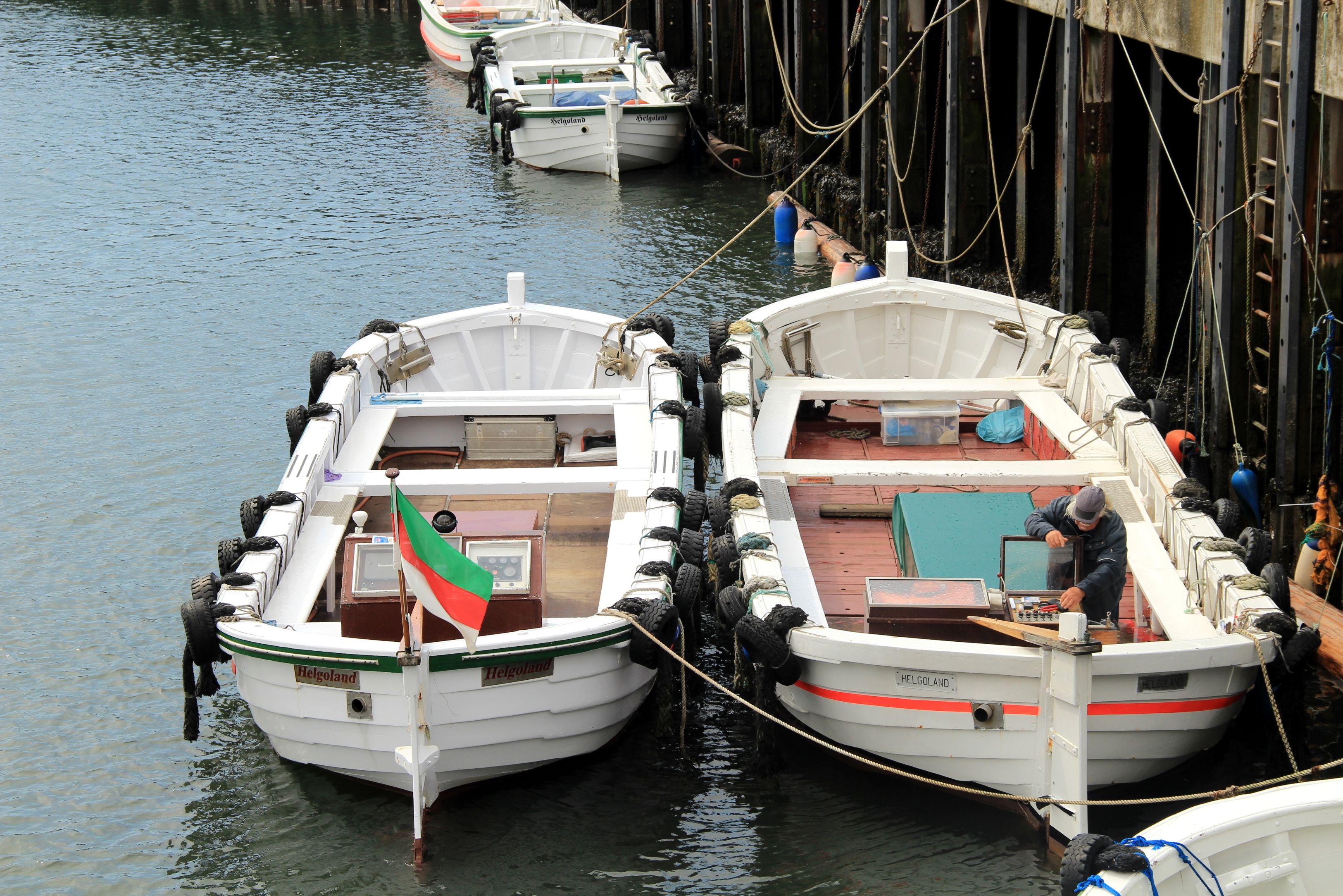 Ein Mann steht in einem Börteboot im Helgoländer Hafen