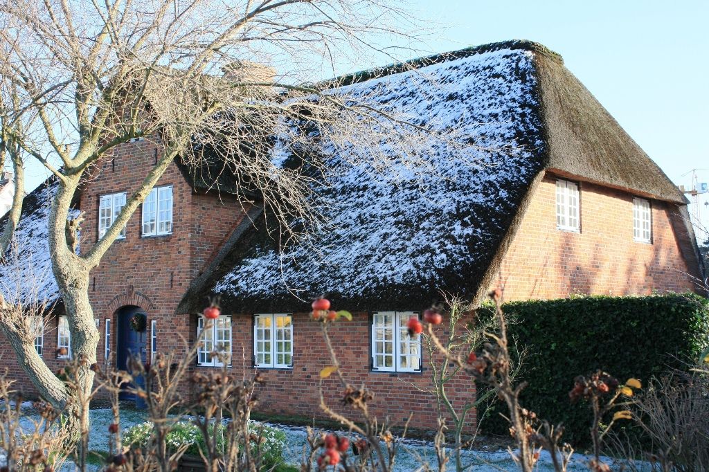 Schneebedecktes Reetdachhaus