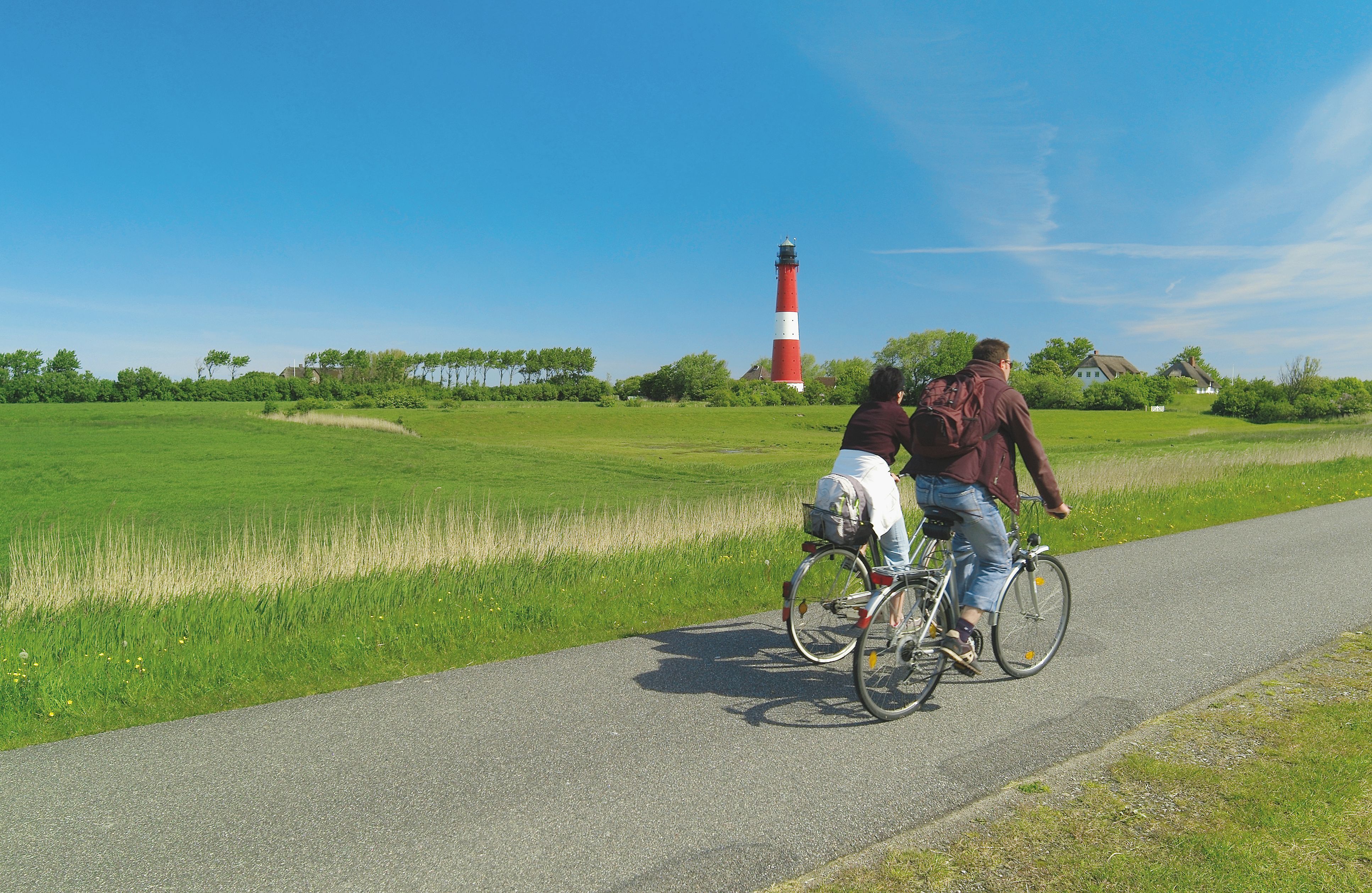 Zwei Personen fahren hinter dem Deich entlang, im Hintergrund ist der Pellwormer Leuchtturm zu sehen