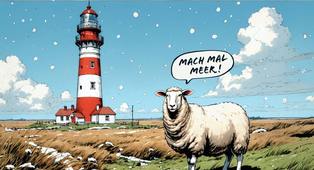 Ein Schaf steht vor dem Westerhever Leuchtturm und sagt "Mach mal Meer" - die Anzeige ist im Comic-Style gestaltet