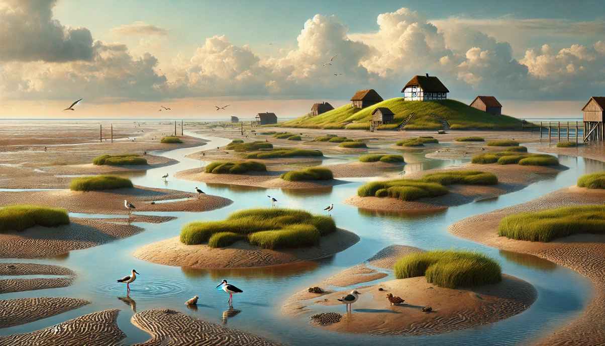 Ki generiertes Bild der Salzwiesen an der Nordseeküste, im Hintergrund steht ein kleines Häuschen