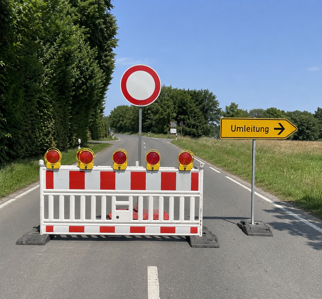 Eine Straßensperrung mit dem Durchfahrtverbotenschild, einer mit roten Nissenleuchten ausgestatteten Absperrbarke sowie einem nach rechts zeigenden Umleitungsschild - Foto Symbolbild KIg