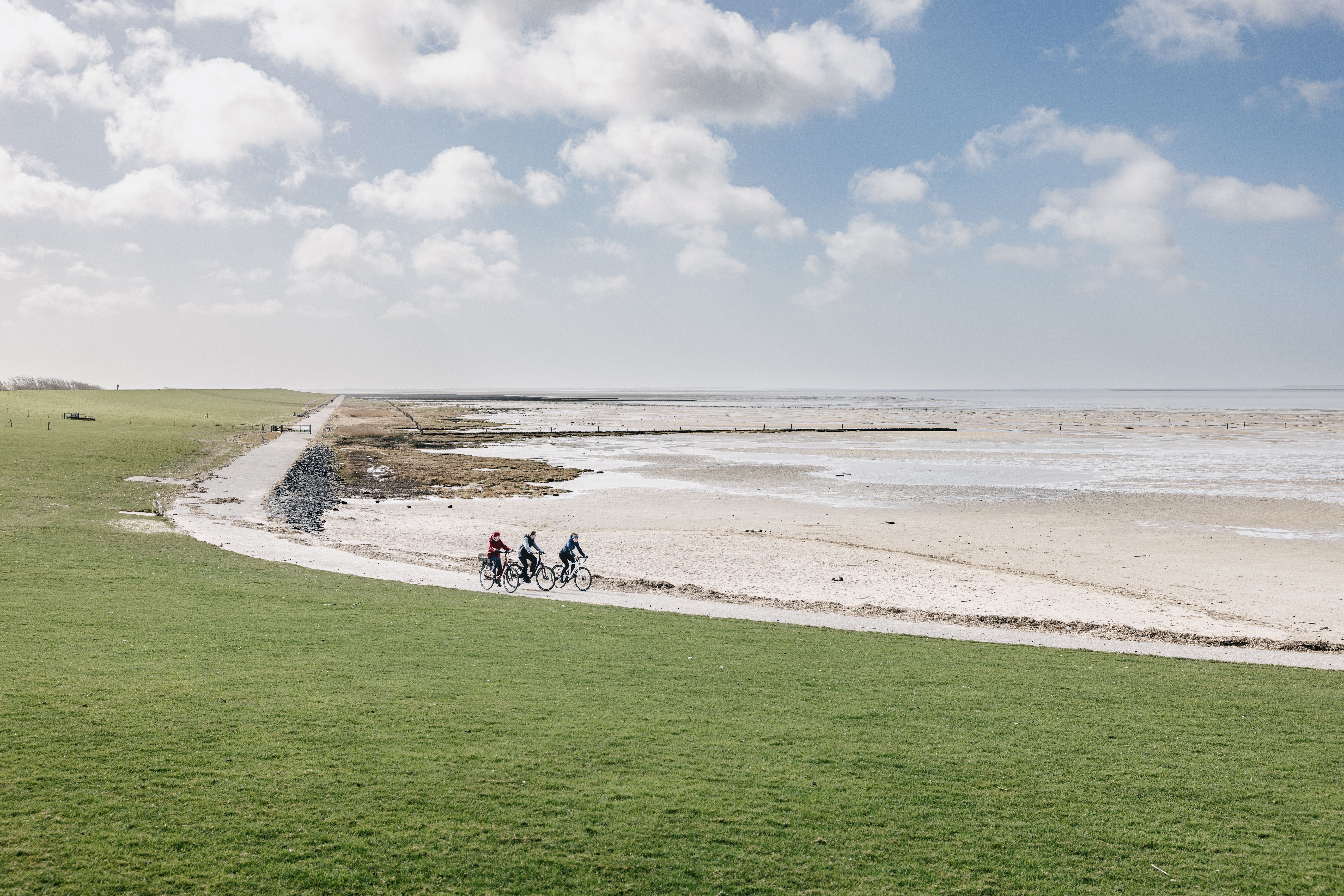 Radfahrer fahren am Nordstrander Deich mit Blick auf das Wasser
