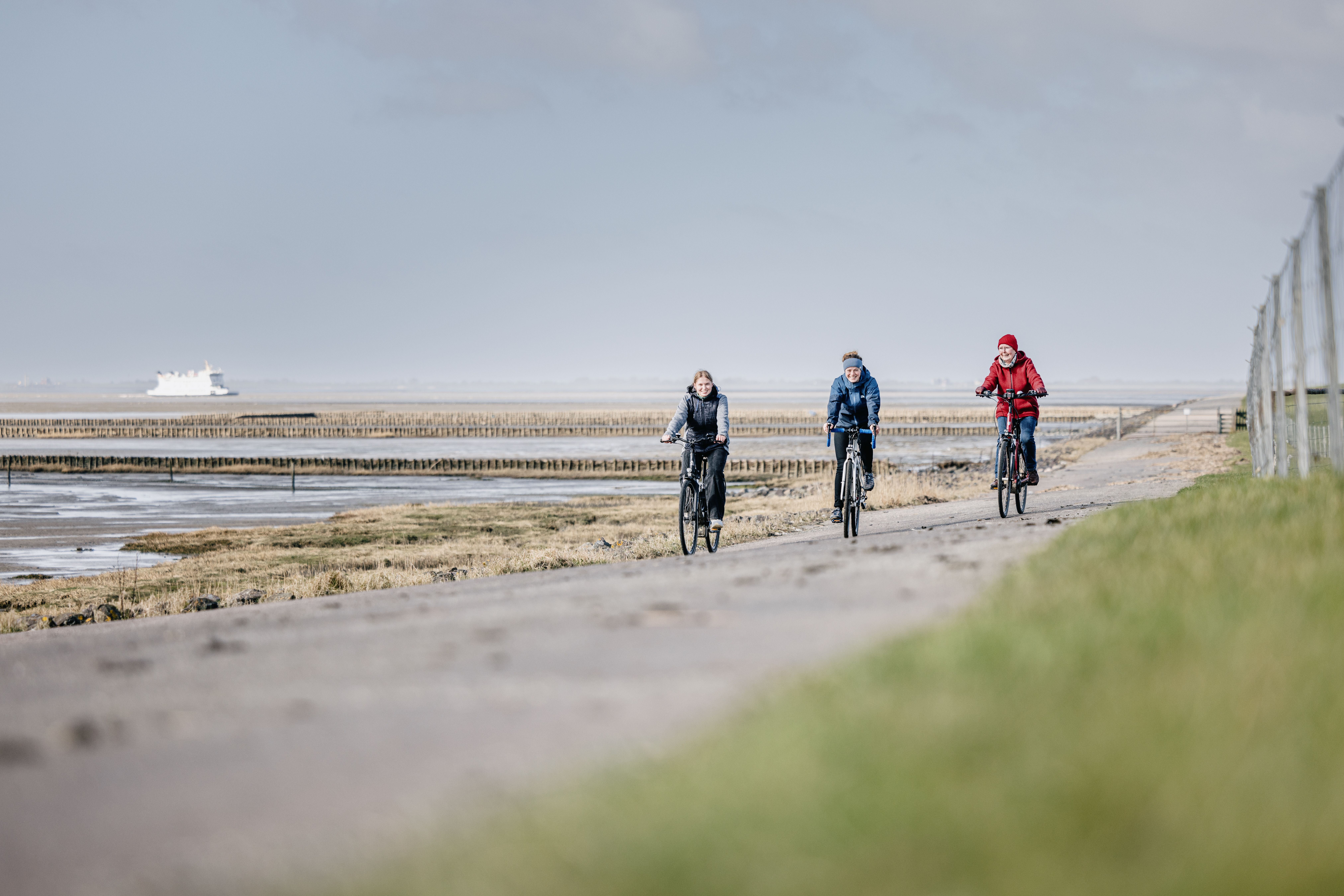 Radfahrer fahren entlang der Küste auf Nordstrand