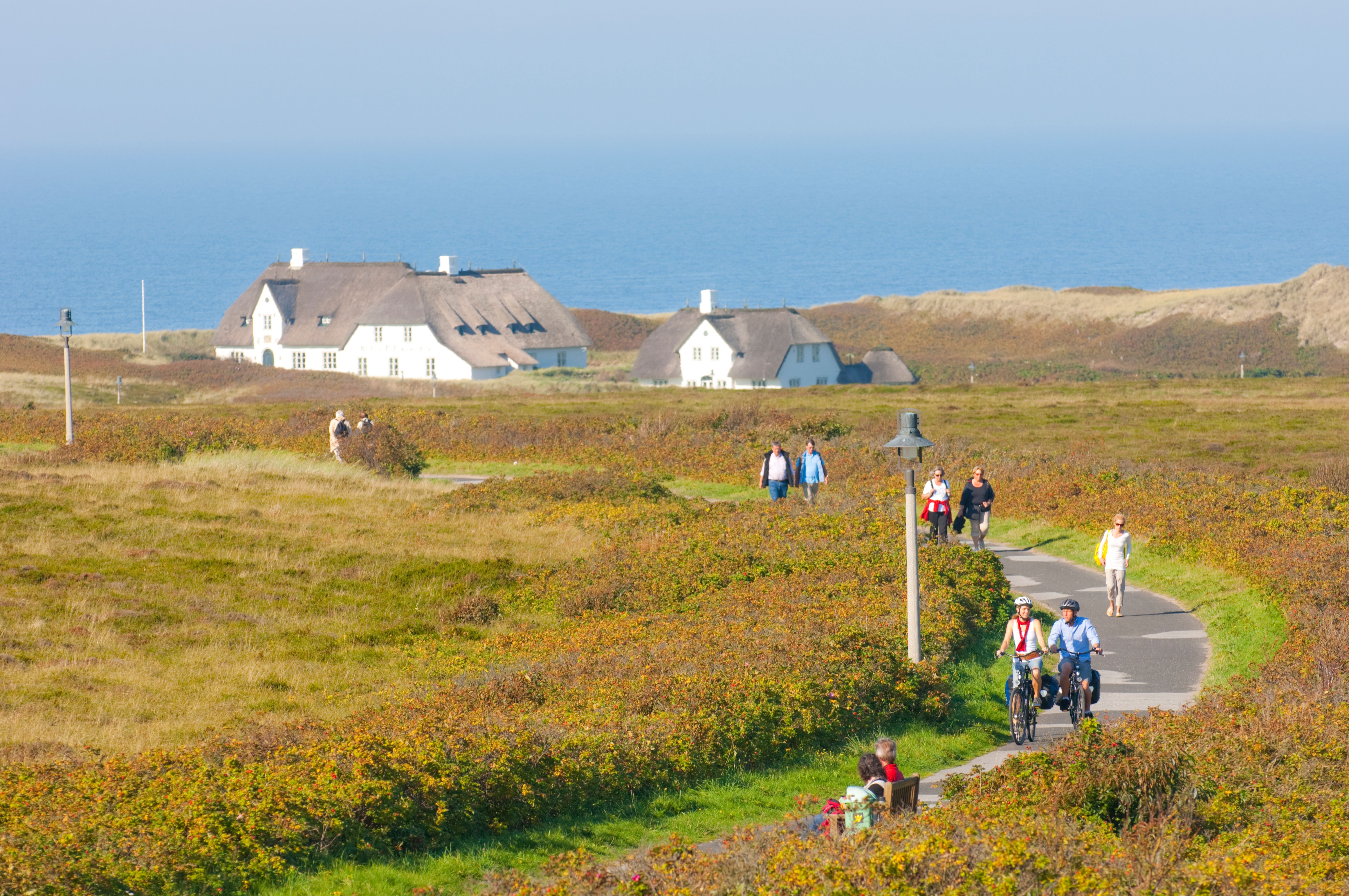 Fahrradfahrer fahren durch Kampen. Im Hintergrund sind Dünen und Reetdachhäuser zu sehen.